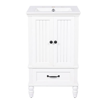 Meuble-lavabo de 20 po avec lavabo, armoire de salle de bain avec deux portes, butoir de porte magnétique et patins réglables, tiroir blanc