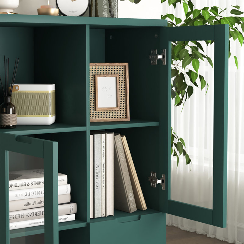 Wooden Floor Cabinet with 2 Glass Doors and 2 Storage Spac, Green