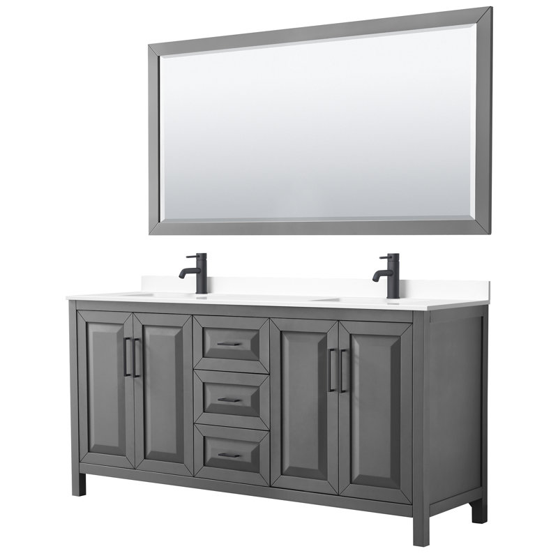 Daria 72'' W Double Vanity, Carrara Cultured Marble, Polished Chrome, Dark Gray