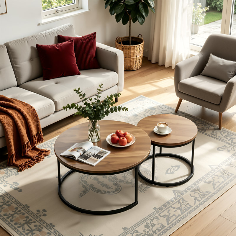 2-pieces Round Nesting Coffee Table Metal Frame And Wood Finish Side Tables, Brown
