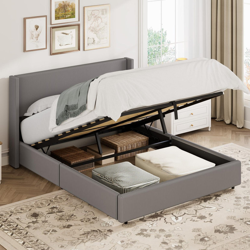 Full Size Bed Frame with Lift Up Storage, Corduroy Upholstered Platform Bed with Wingback Headboard, Solid Wooden Slats, No Box Spring Needed, Hydraulic Support, Grey