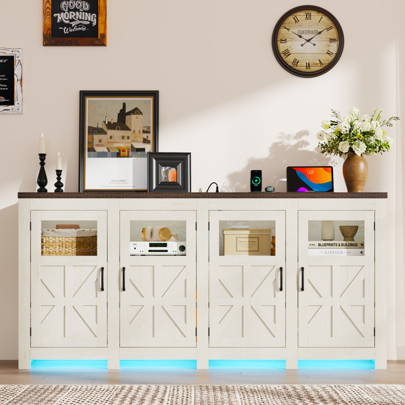 74" LED Farmhouse TV Stand For Tvs Up To 85" With Power Outlets And Adjustable Shelves, White/Brown