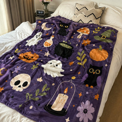 Couverture polaire sur le thème d'Halloween, motif fantôme, citrouille, chapeau de sorcière et hibou, jeté douillet pour canapé, chambre, salon, décoration intérieure