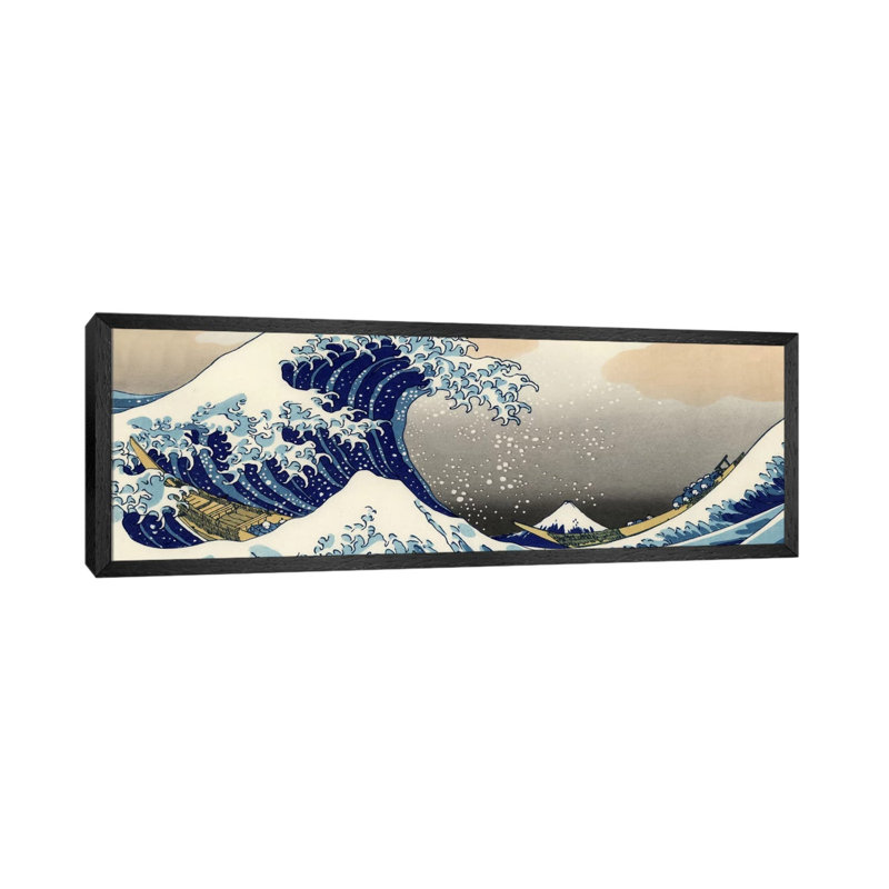 The Great Wave At Kanagawa by Katsushika Hokusai - Panoramic Painting on Canvas, 152.4 cm H x 50.8 cm W, Black Floater Framed