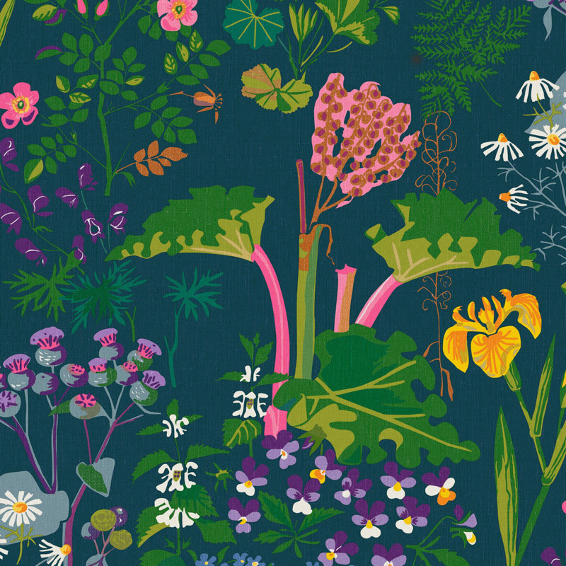 Boråstapeter Rabarber Wallpaper, Navy/Green/Pink