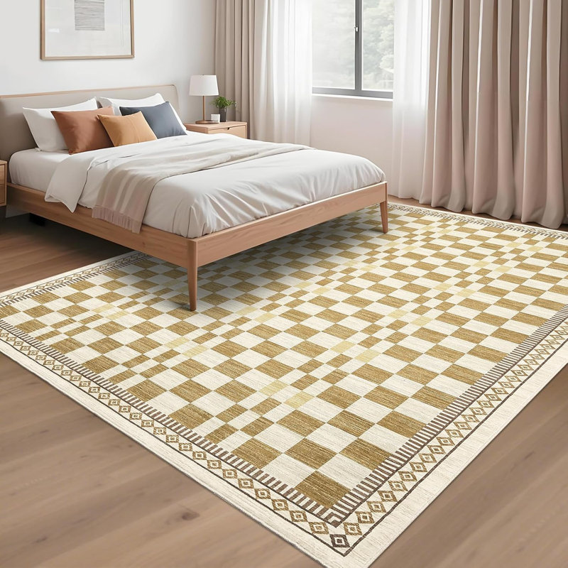 Tapis de couloir lavable 2 x 6 pour la cuisine, la salle de bain, antidérapant, à poils courts, résistant aux taches, tapis à carreaux abstrait, entrée, buanderie, jaune.