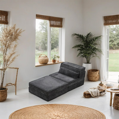 Canapé à compression, canapé convertible au sol, canapé modulaire à désossage modulaire DIY, aucun assemblage requis, tissu polaire circulaire, siège simple surdimensionné avec 1 coussin et 1 repose-pieds, gris foncé