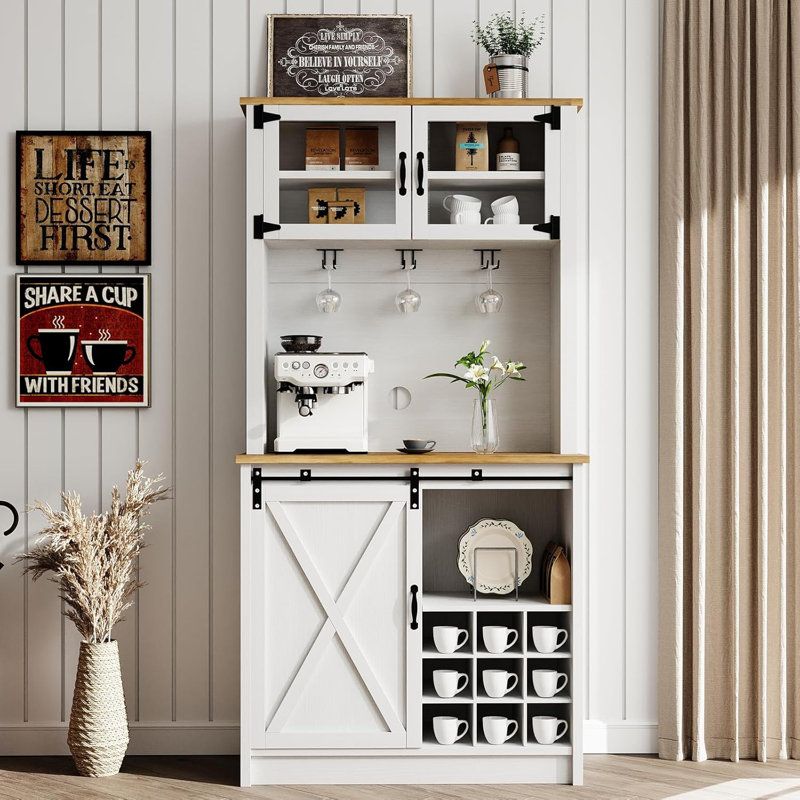 72" Farmhouse Coffee Bar Cabinet with Sliding Barn Door, Coffee Bar with Storage, Large Kitchen Buffet Cabinet with Wine Rack, Tall Bar Cabinet Table Living Dining Room