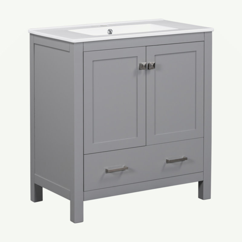 Meuble-lavabo de 30 po avec lavabo simple, meuble-lavabo encastré, armoire de rangement avec 2 portes et un tiroir, fermeture en douceur, rangement multifonctionnel, structure en bois massif