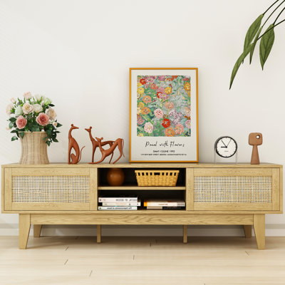 Meuble télé 59,1 po Ashaïa pour téléviseur de 65 po ou moins avec portes de grange coulissantes et tablettes ouvertes, armoires Boho