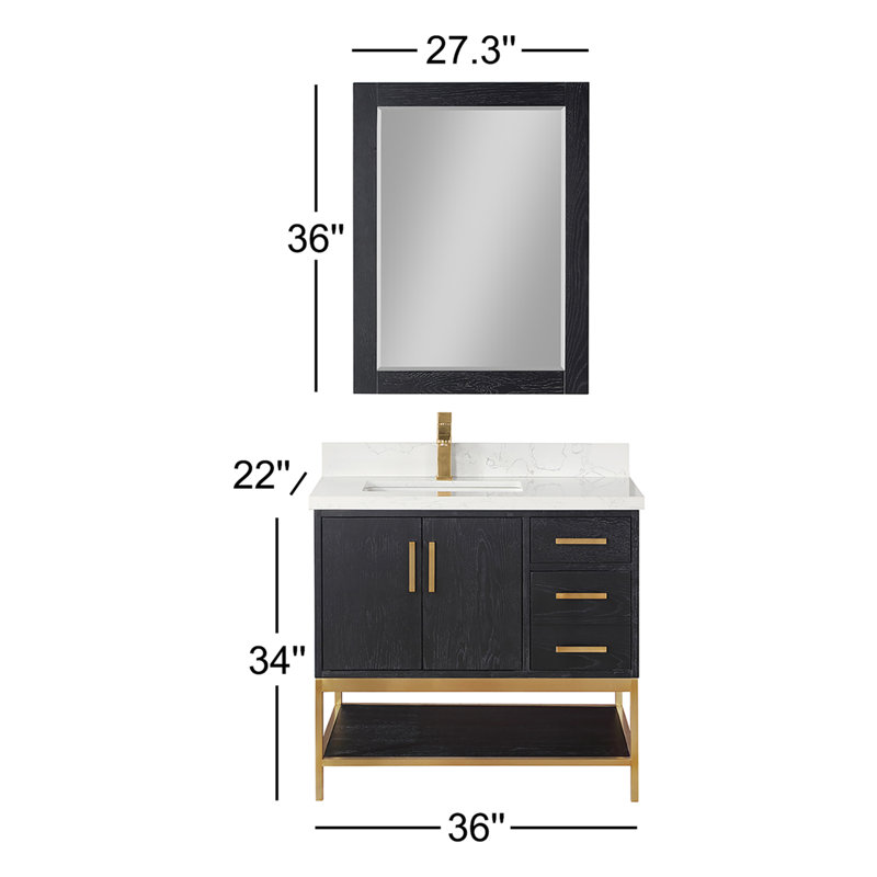 Ensemble de meuble-lavabo simple 36 po avec miroir Drakeford Rea, Noir, Doré