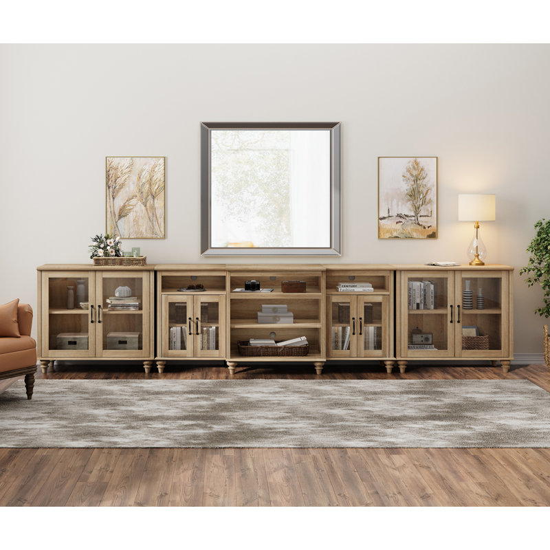 Buffet Cabinet With 8 Glass Doors, Large Coffee Bar Tables Wood Kitchen Storage Cabinets With 13 Storages, Modern Farmhouse Sideboard Credenza For Dining Room, Oak, 137 Inch
