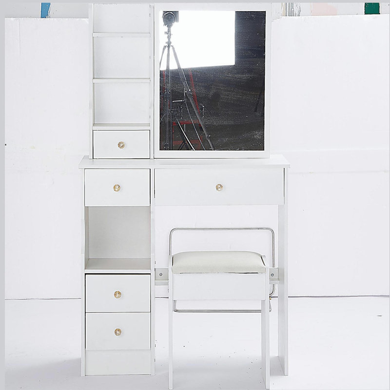 29.2" Small Space Left Drawer Desktop Vanity Table + Cushioned Stool, Extra Large Right sliding mirror, Multi Layer High Capacity Storage, Practical Fashionable Dresser, Suitable For Small Space