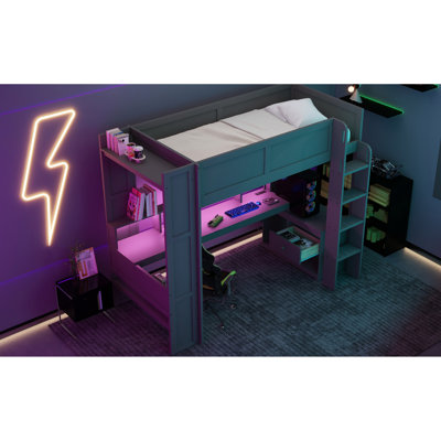 Lit mezzanine simple avec bureau en bois et rangement multiple, DEL, station de charge - bureau gris foncé, caractéristique DEL