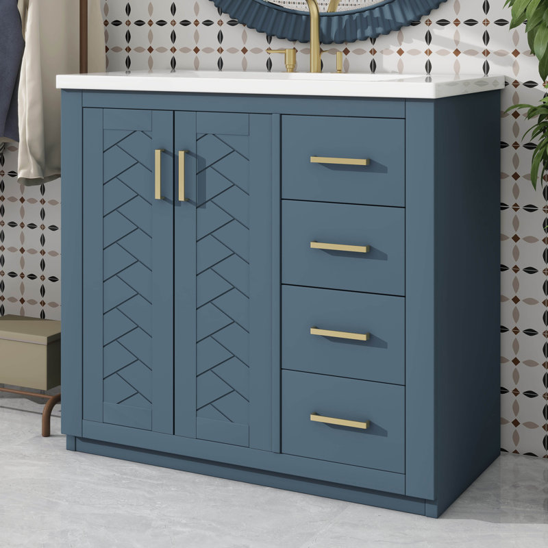 Ensemble de meuble-lavabo 36 po avec lavabo en céramique 36 po, meuble-lavabo autonome avec 3 tiroirs, Doré, Bleu
