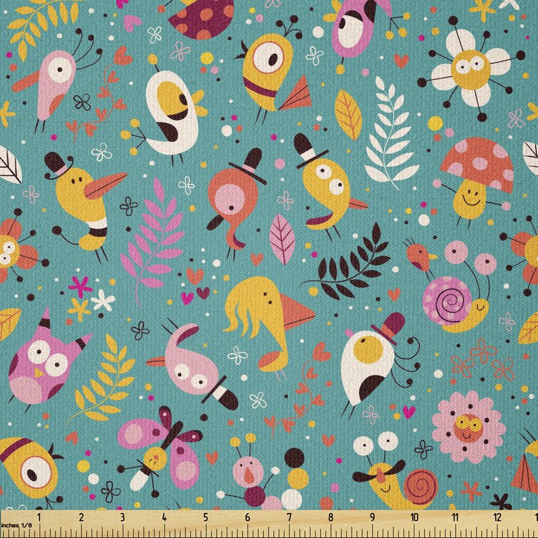 Ambesonne Birds Fabric by The Yard, Funny Pattern of Different Birds Bugs Flowers Leaves and Colorful Dots Forest Theme,Square East Urban Home