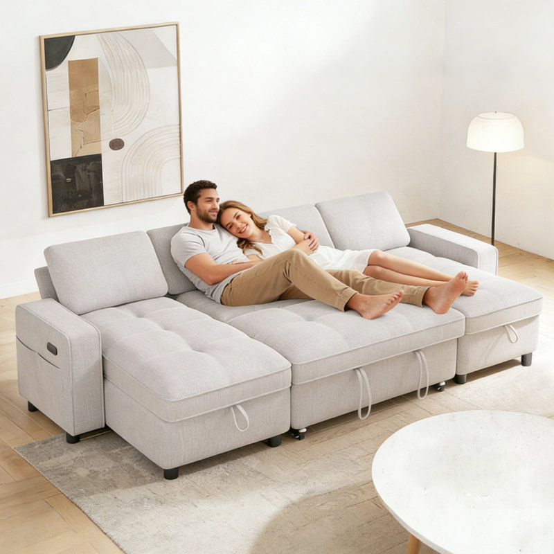 Multifunctional Sectional Sleeper Sofa With Usb/Type-C Charging, 5-Position Recline, Tool-Free Assembly, Chenille Fabric With Washable Covers-U Shape Sofa