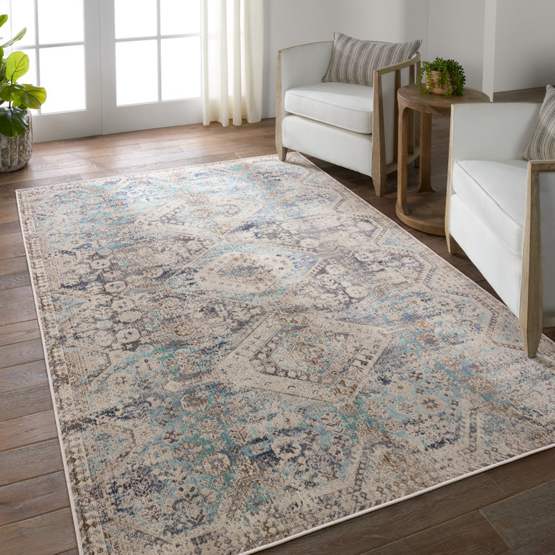 Tapis floral bleu / gris en polypropylène tissé à la machine, Rectangle 9 pi x 12 pi