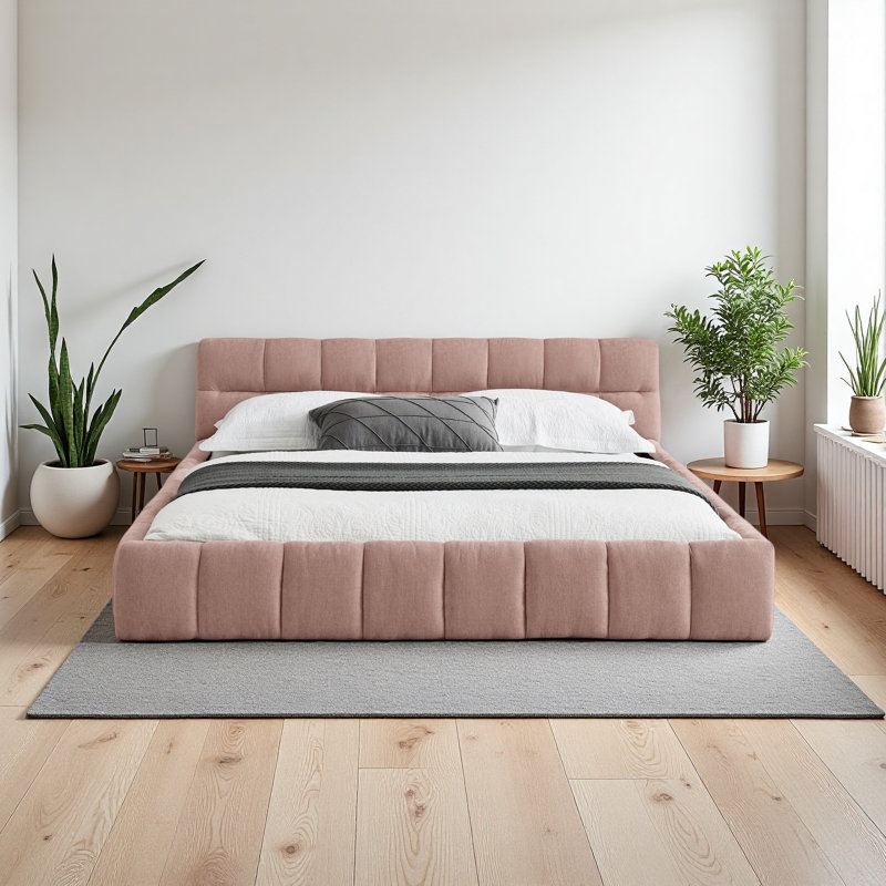 Queen Size Upholstered Bed Frame With Thick Fabric, Pink