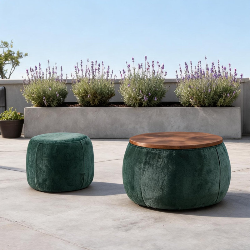 Repose-pieds rond sans rangement avec petit siège pour le salon et le patio, sans assemblage, Vert