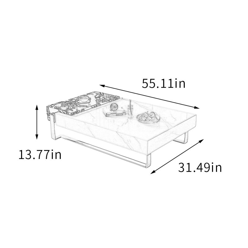 Table basse moderne avec pieds en métal, H 13,77 po x L 55,11 po x l 31,49 po, Blanc / noir / gris clair