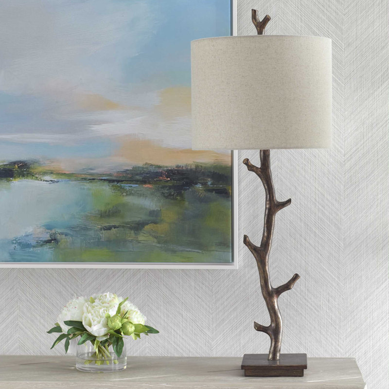 Lampe de table 33,75 po Hallie, Bronze foncé / argent, Blanc cassé