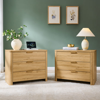 29" Wide Modern 3-Drawer Nightstand with Charging Station, Rounded-Corner Design Bedside Table for Bedroom, Living Room（Set of 2）