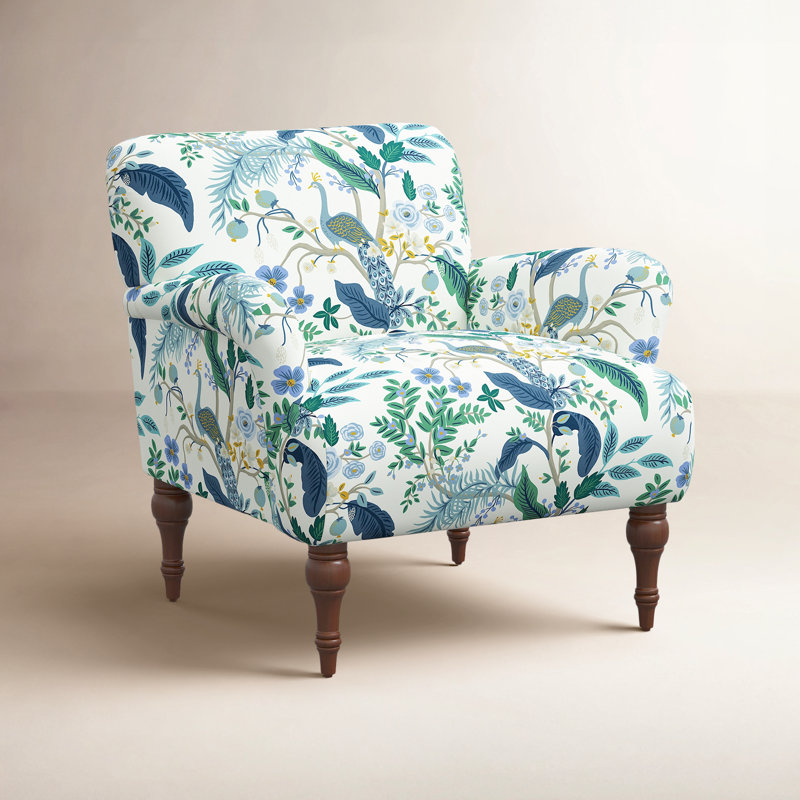 Rifle Paper Co. x Cloth & Company Bristol Armchair, Rpc Peacock Blue & White Linen, Espresso