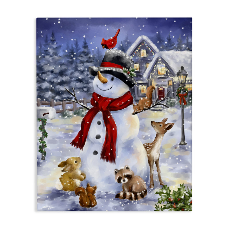 «Snowman & Forest Animals», art mural sur toile par Jean-François, H 20 po x l 16 po