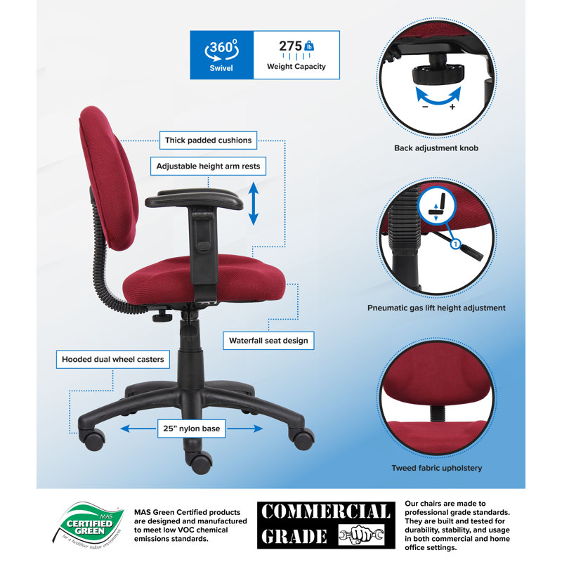 Task Chair, Burgundy Tweed, Adjustable Arms
