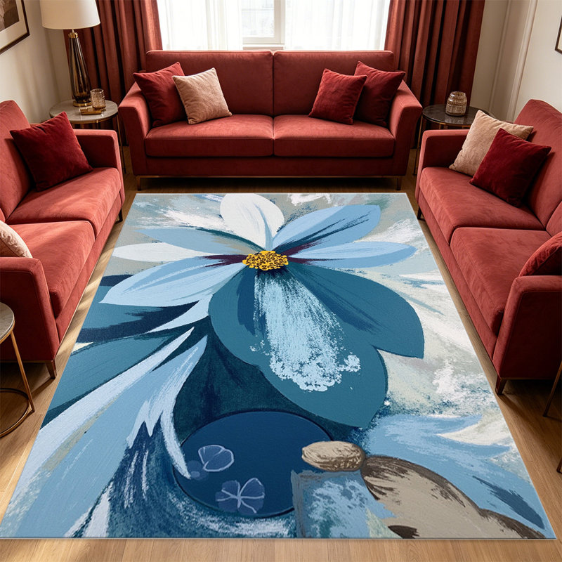 Blue Floral Watercolor carpet-easy to clean, machine-washable, soft and comfortable; suitable for door mats, kitchens, living rooms, bedrooms, corridors, and laundry areas. Easy to clean, durable carpet for home decoration.