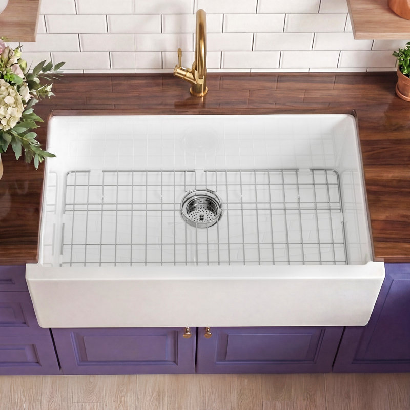 33"L x 20"W Fireclay Self-Trimming Farmhouse Sink with Tall Apron Front, Dual Mount Single Bowl White Farm Sink for Kitchen, Included Sink Grid