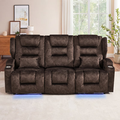3 Seat Wall Hugger Power Reclining Sofa With Drop Down Console, LED Lights, USB Charging, Cup Holders For Living Room