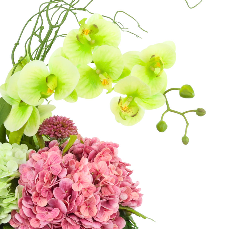 Centre de table orchidée avec hortensias et dahlias, H 15 po x l 16 po, Pink;Green