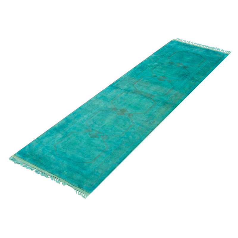 Tapis bleu sarcelle transitionnel noué à la main de conception unique 2 pi 8 po x 9 pi 0 po