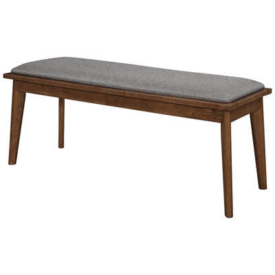 Natural Walnut Finish Dining Bench With Grey Upholstered Top Details, Mid-Century Chic