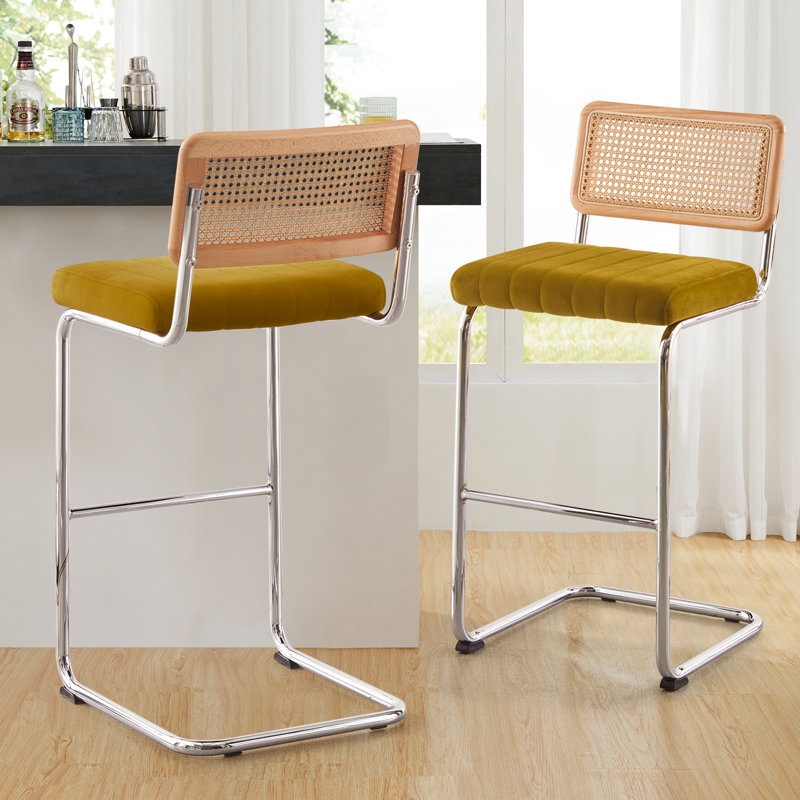 Tabouret rembourré en velours Krickelin, Argent, Jaune, Tabouret de bar (siège d’une hauteur de 30 po)