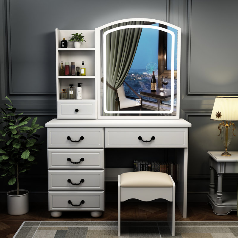 Meuble-lavabo élégant avec lumières et table - 3 choix de couleurs, miroir réglable de bureau chic et spacieux, 6