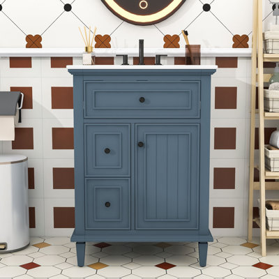 Meuble-lavabo simple autoportant en bois moderne avec lavabo en céramique lisse et rangement réglable