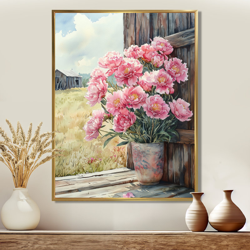 Pivoines dans la brise de basse-cour III - pivoines, art mural, H 32 po x l 16 po, Reproduction avec cadre flottant, Doré