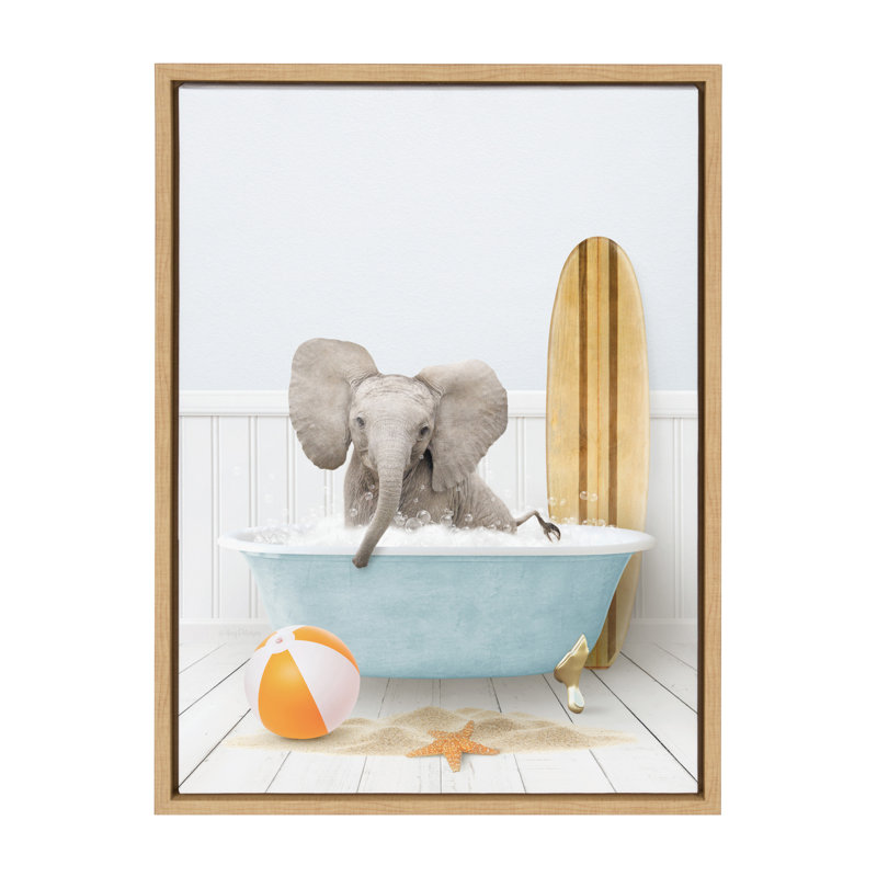«Baby Elephant Beach House Bath with Surfboard» par Amy Peterson, reproduction d'art sur toile encadrée, Naturel