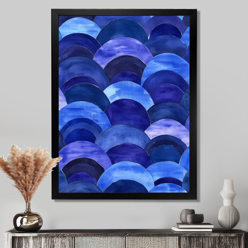 Vagues circulaires abstraites bleu-violet sur fond indigo - Tableau géométrique encadré, H 32 po x l 24 po