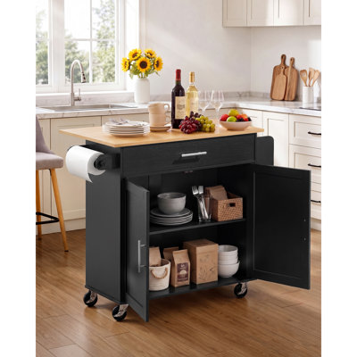 Îlot de cuisine mobile avec rangement, 107,3 ​​cm de large, sur roulettes pivotantes, avec meuble de rangement, abattant, étagère à épices et table d'appoint, noir, avec tiroir.