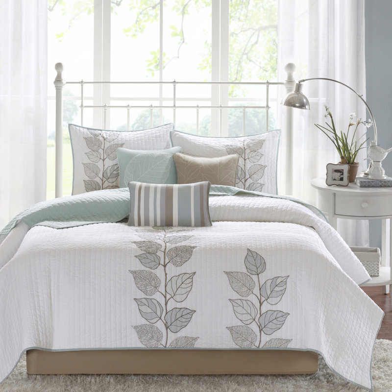 6 pièces courtepointe florale avec broderie de feuilles, bleu / blanc, double / grand, microfibre, motif délicat bleu blanc réversible et élégant