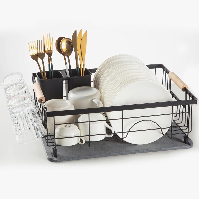 Diatomaceous Earth Dish Drying Rack With Drain Board, Utensil Holder & Cup Holder