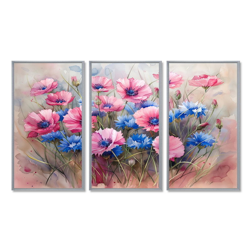 «Blue Blue Delicate Cornflower Petals I» - ensemble de reproductions d'art mural, Toile argentée avec cadre flottant