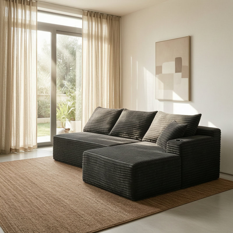 Canapé modulaire en L 96 po, Velours côtelé gris, Orienté à droite