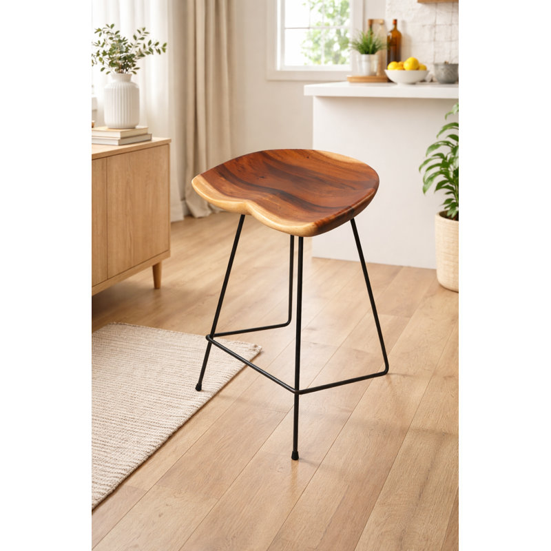 Tiya Counter-Height Stool – Solid Suar Wood Seat | Approximately 26” High | Natural Finish with Sturdy Metal Legs | Walnut Brown Barstool with Backrest