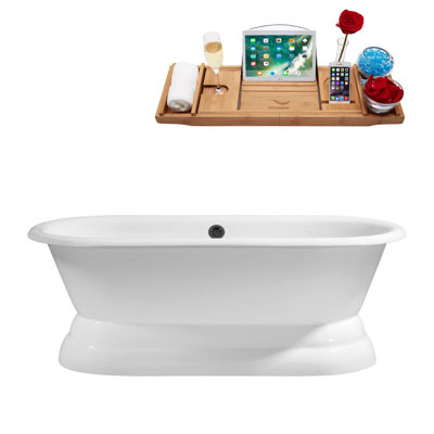 60" Streamline Freestanding Soaking Cast Iron Bathtub With Bamboo Tray