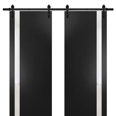Porte de grange double robuste avec rail Planum 0040 noir mat et vitrage blanc, supports de rail de 4 m (13 pi), portes intérieures à panneaux pleins et lourds - 122 cm x 203 cm (48 po x 80 po) (2 x 61 cm x 203 cm) - Rail noir